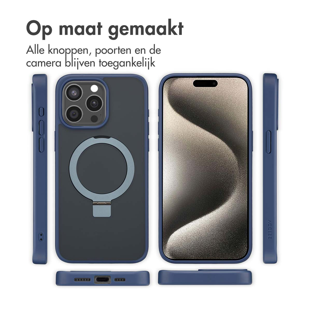 Una custodia per telefono con un telefono all'interno, con tutti i lati mostrati. Un cerchio magnetico è visibile.