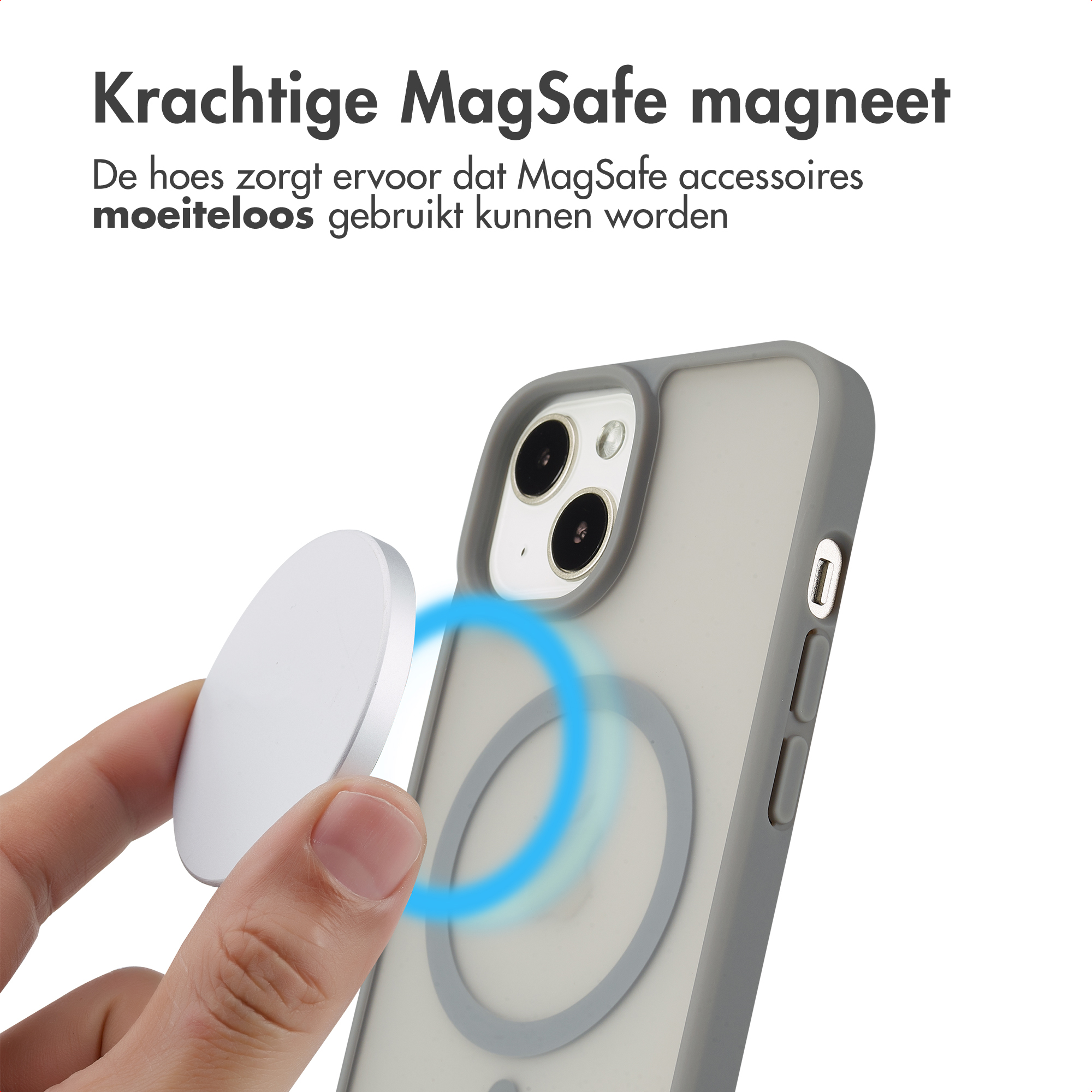 Hand die een telefoon met een hoes vasthoudt. Een MagSafe-oplader wordt aan de hoes bevestigd. Tekst: MagSafe-magneet.