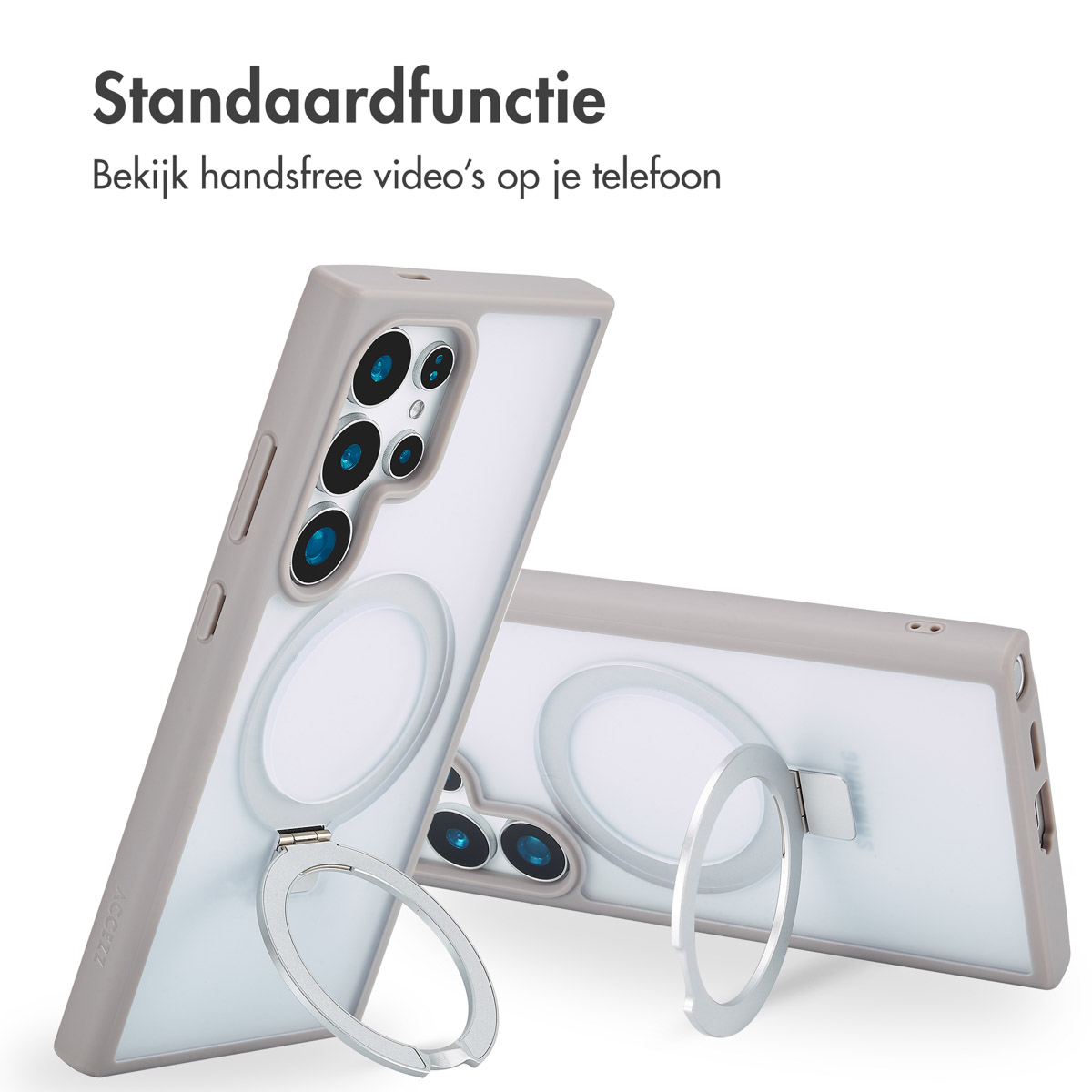 Telefone mit Hüllen, eines mit Ringständer. Text: Freihandvideo auf Ihrem Telefon.