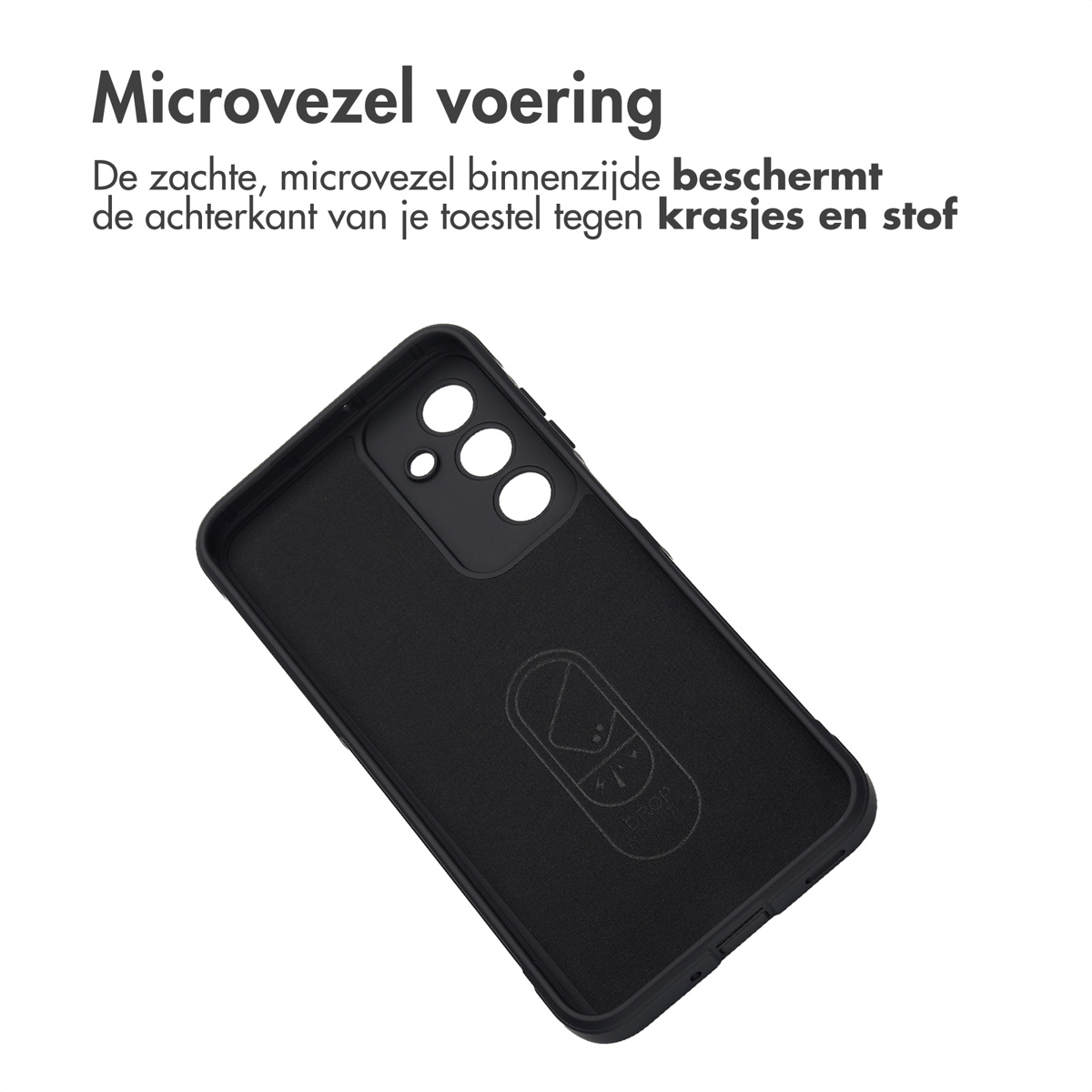 Een zwarte telefoonhoes is geopend om de binnenvoering te laten zien. De voering is zwart.