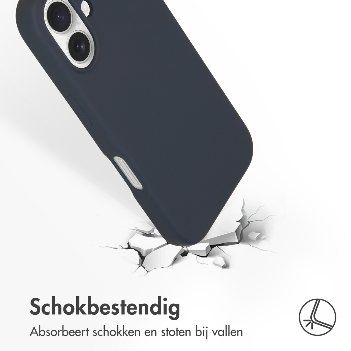 Une coque de téléphone bleu marine. La coque est sur fond blanc avec motif de fissures. Texte : Antichoc.