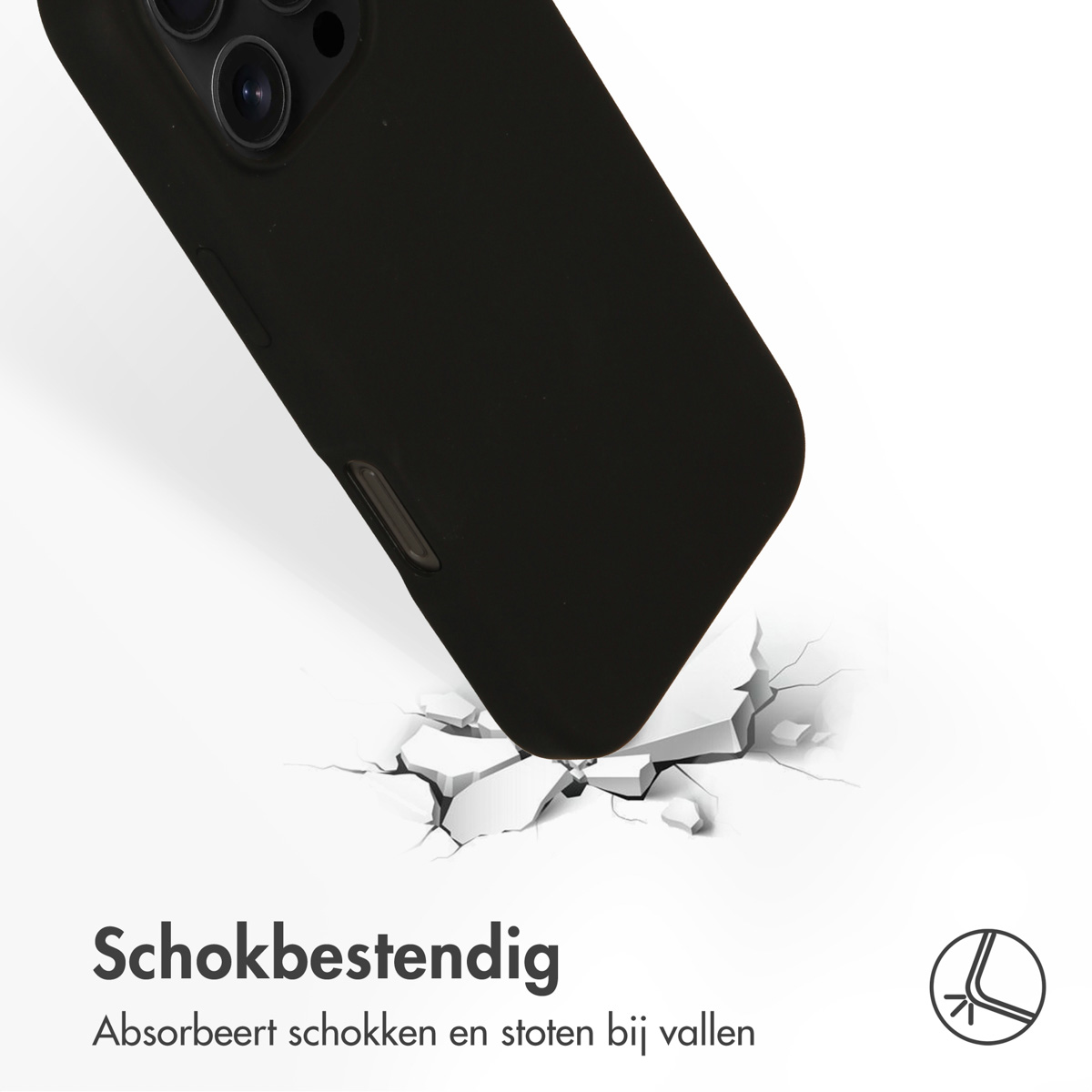 Coque de téléphone noire impactant une surface, montrant des fissures. Le texte dit résistant aux chocs.