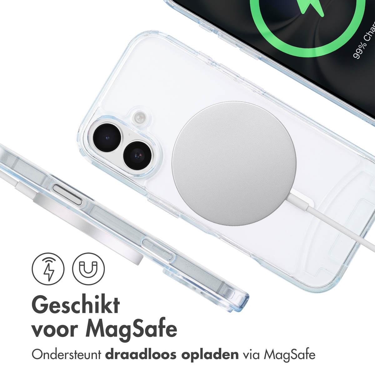 Une coque de téléphone transparente avec un chargeur MagSafe, un cercle argenté et un téléphone à l'intérieur. Du texte est présent.