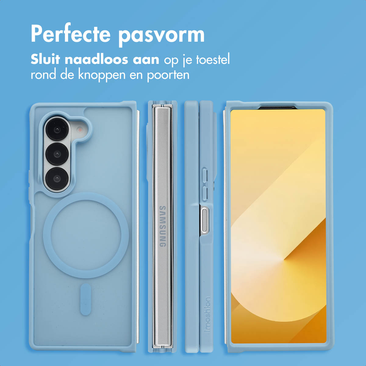 Telefoonhoes met perfecte pasvorm, drie hoeken. Blauwe hoes met een telefoon met een geel scherm.