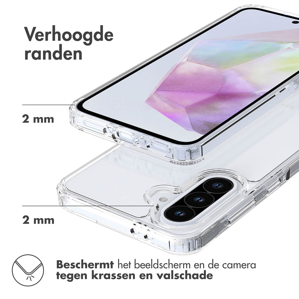 Una custodia per telefono trasparente, che mostra la fotocamera e lo schermo del telefono. La custodia ha bordi rialzati.