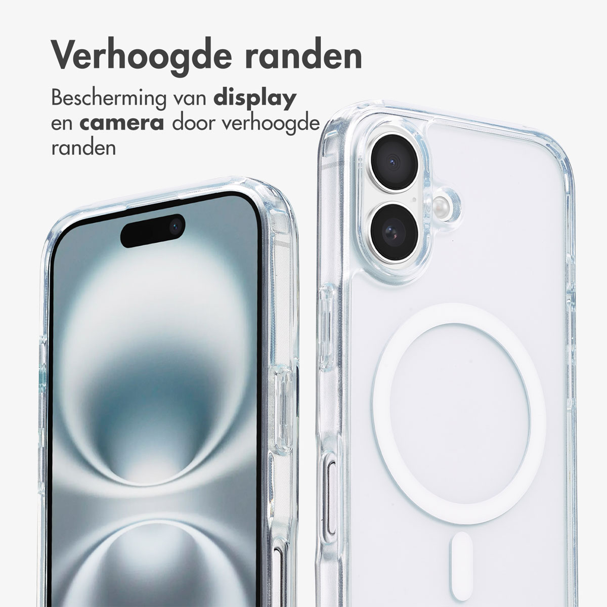 Coque de téléphone transparente avec des bords surélevés et un anneau MagSafe blanc à l'arrière.