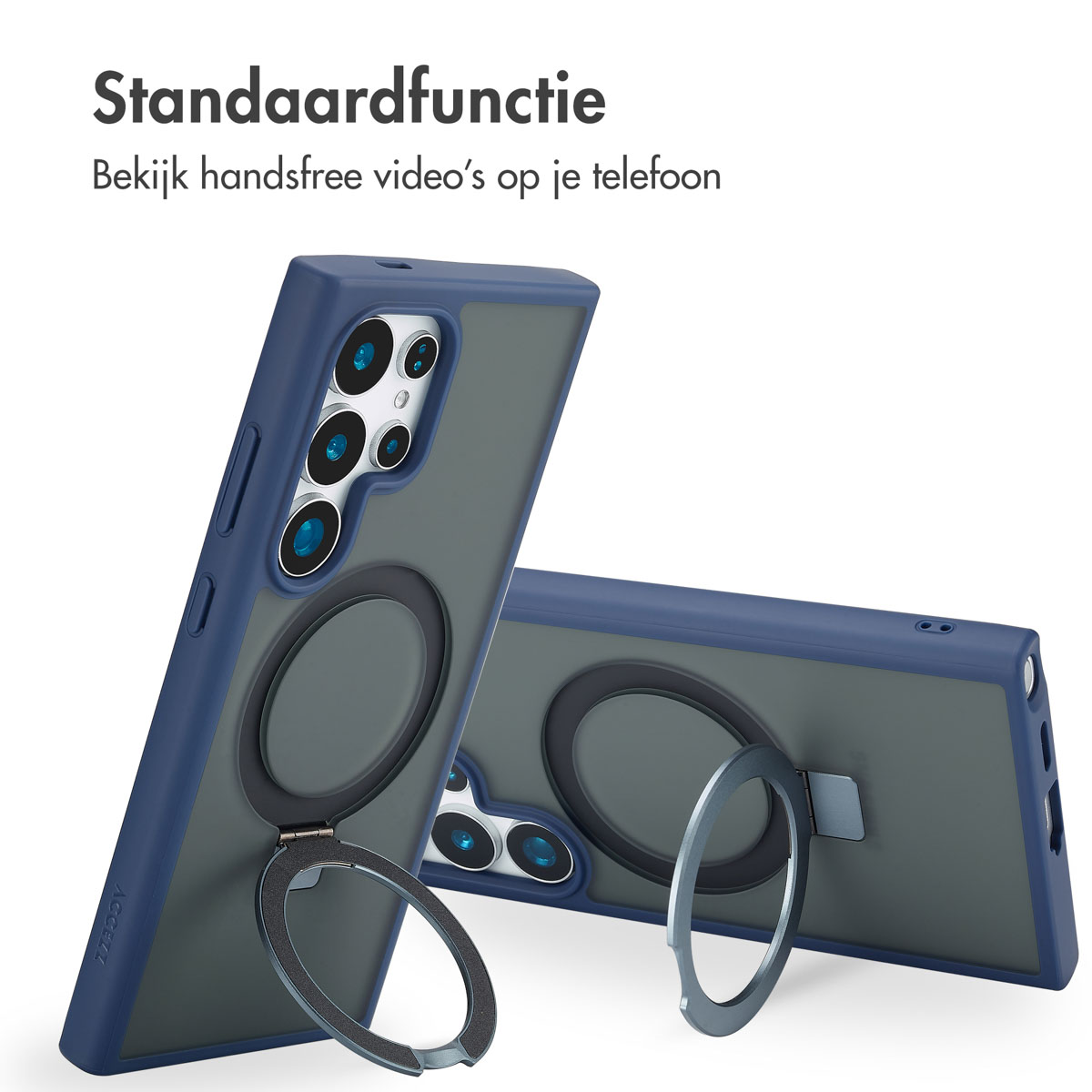 Zwei blau-graue Handyhüllen mit Ringständer, abgewinkelt und offen.