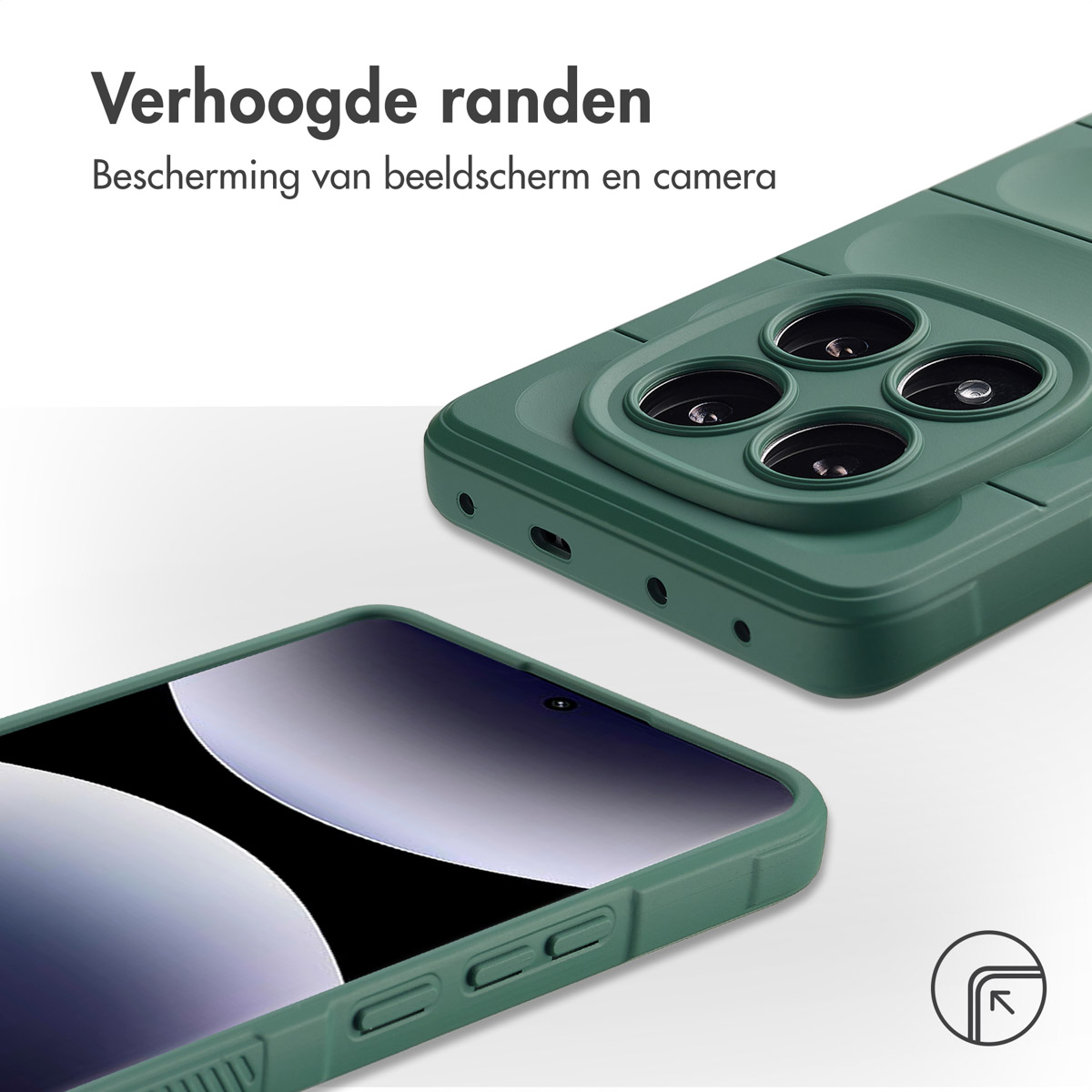 Close-up van een groene telefoonhoes met opstaande randen, telefoonscherm zichtbaar. Een andere hoes is gedeeltelijk zichtbaar.