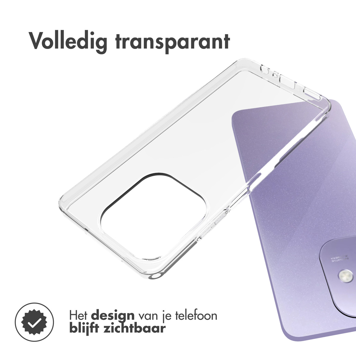 Una custodia per telefono con retro trasparente, che mostra il retro viola del telefono. Testo in olandese.