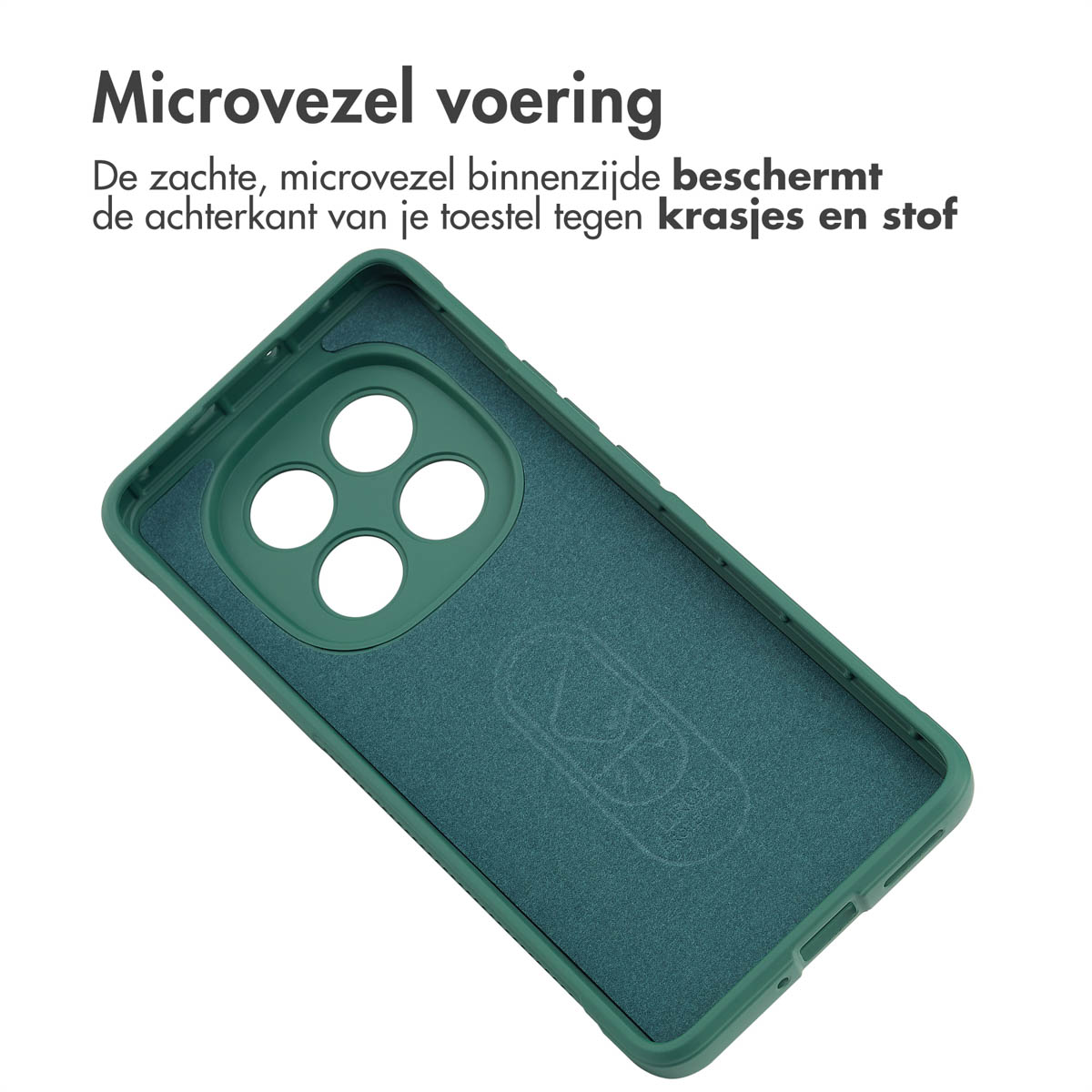 Groen telefoonhoesje interieur. Toont een groene binnenvoering met een logo.
