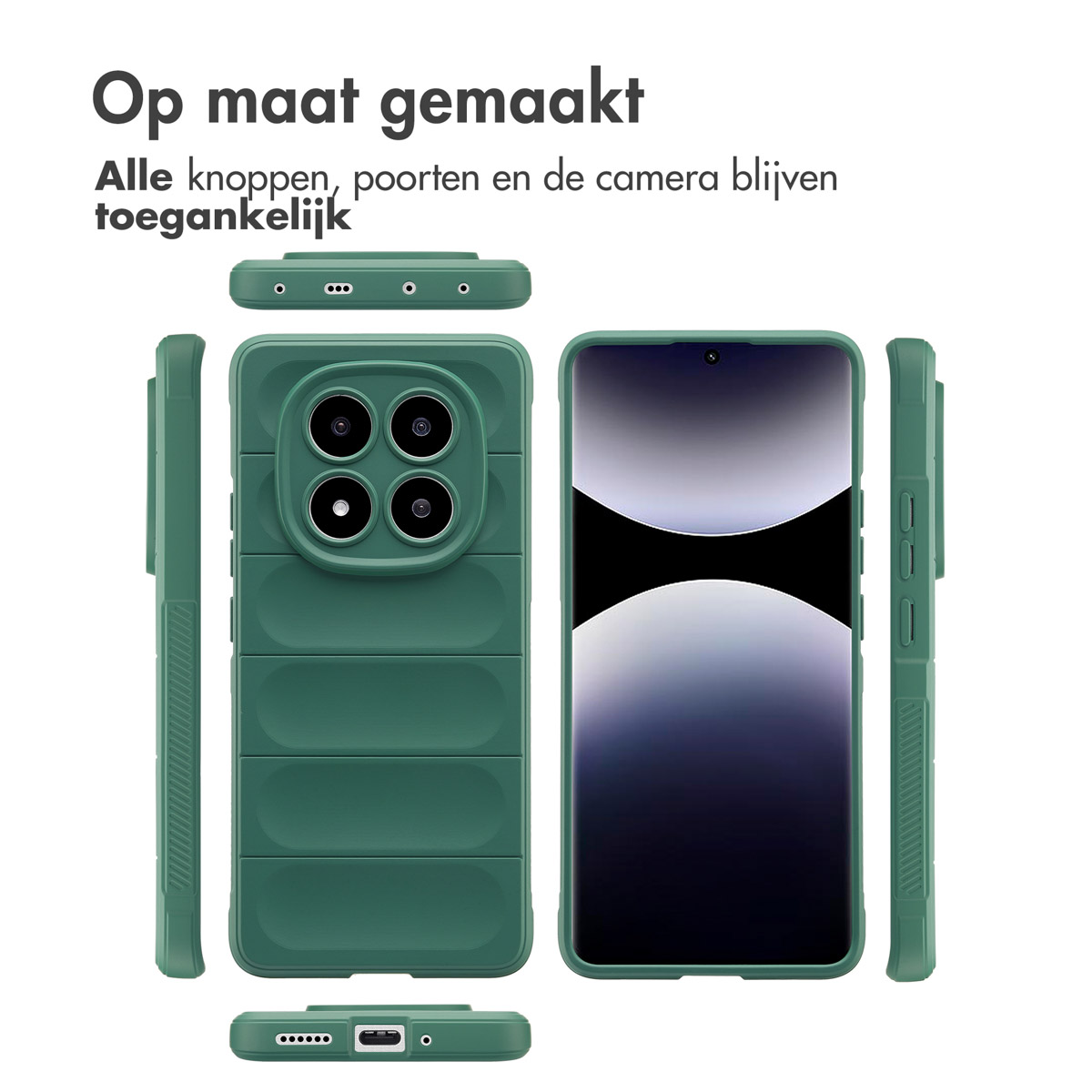 Groene telefoonhoes met meerdere weergaven. Tekst: 'Op maat gemaakt. Alle knoppen, poorten en de camera blijven toegankelijk'.