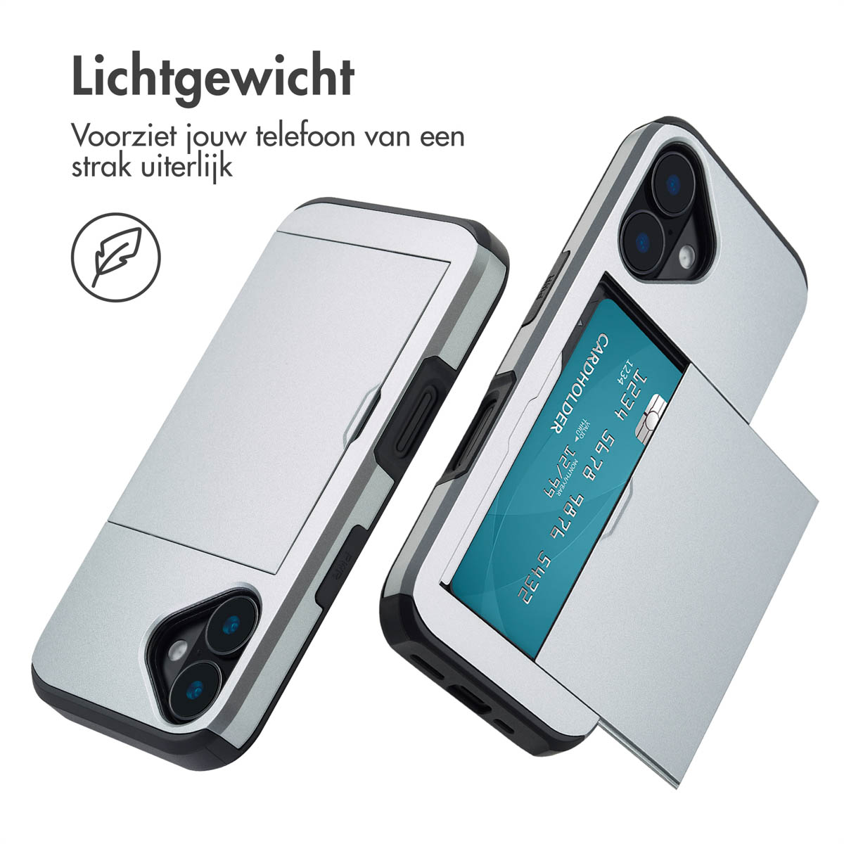 Twee zilveren telefoonhoesjes met kaarthouderfunctie en een witte achtergrond.