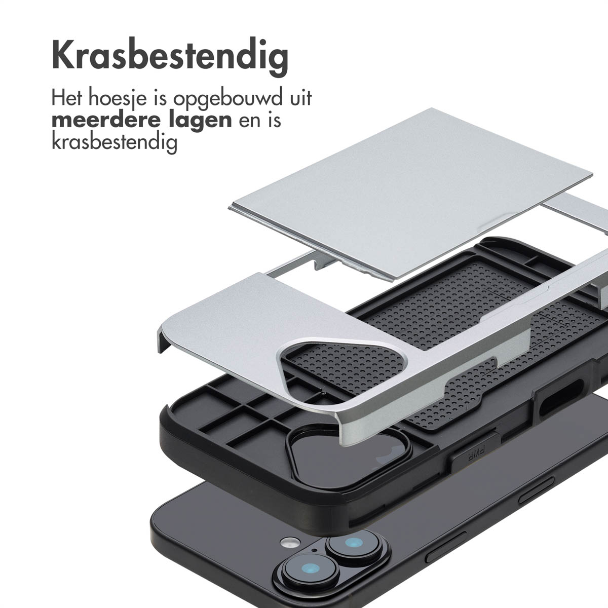 Telefoonhoeslagen. Tekst zegt 'Krasbestendig'. Toont lagen van een telefoonhoesje.