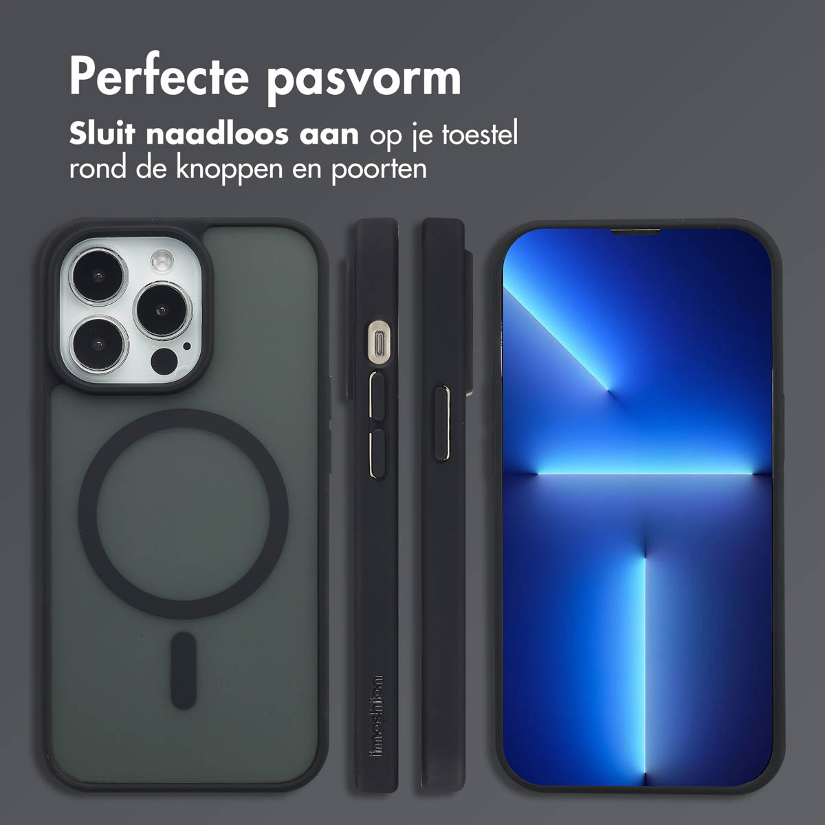 Téléphone avec trois coques, montrant le côté et l'arrière. Coque noire.