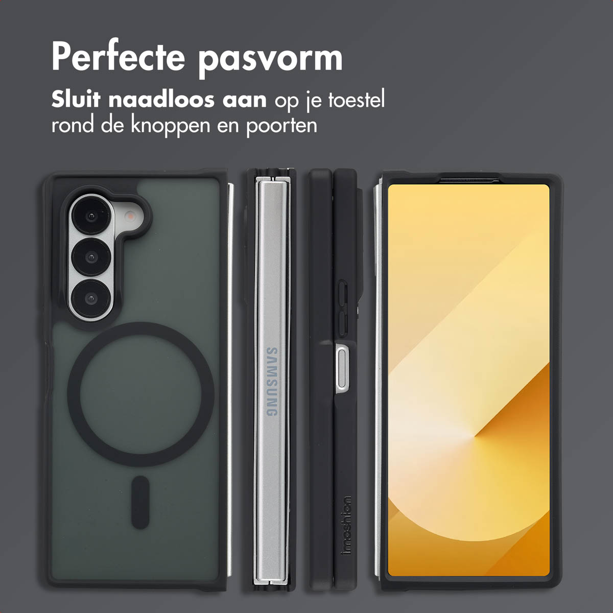 Quatre vues d'un téléphone dans une coque : avant, côté, côté, arrière. La coque est transparente, montrant le téléphone.