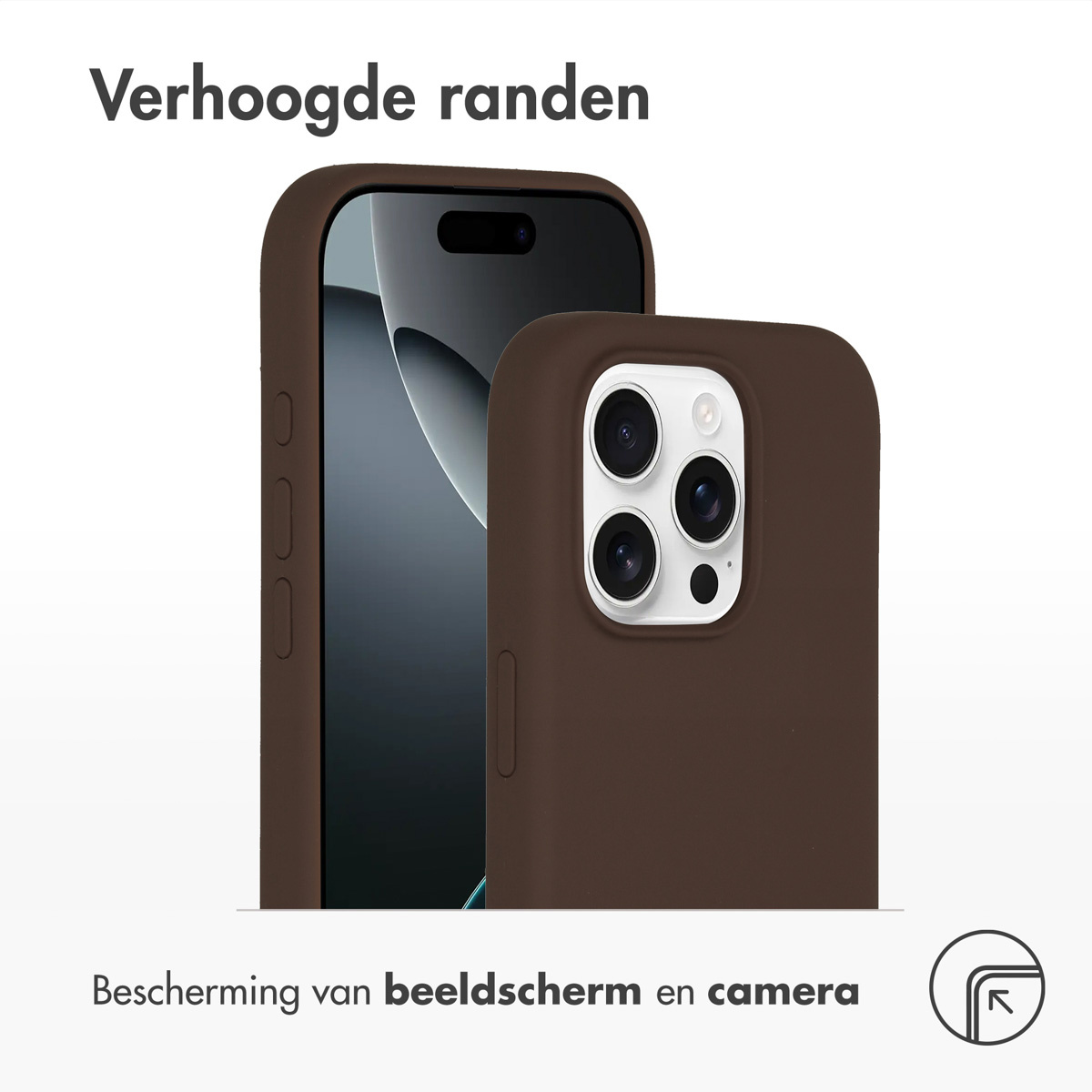 Smartphone in een bruine hoes, met een verhoogde rand, witte achtergrond.
