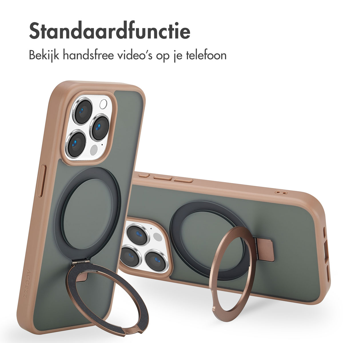 Twee telefoons met hoesjes; één heeft een standring, de andere staat op de achtergrond.