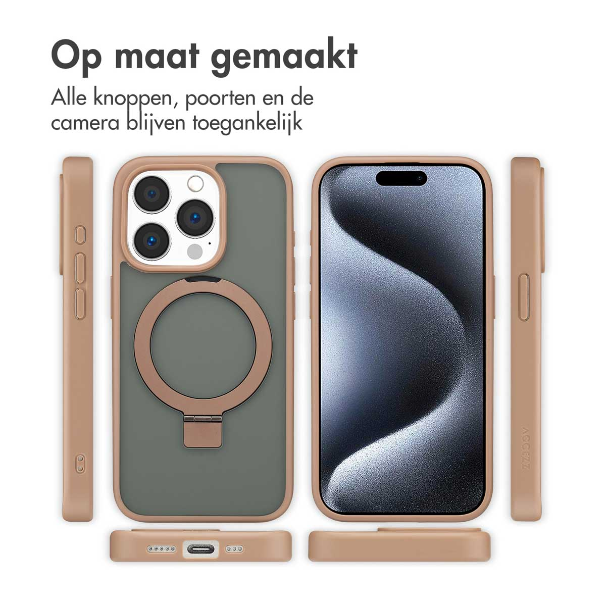 Een telefoonhoesje en telefoon, met tekst: "Op maat gemaakt". Het hoesje heeft een ringhouder. Verschillende onderdelen getoond.