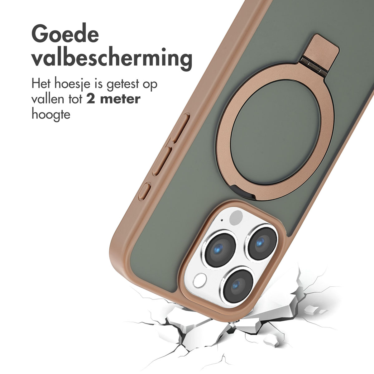 Een telefoonhoesje met een ringstandaard. Tekst zegt dat het beschermt tegen vallen tot 2 meter hoog.