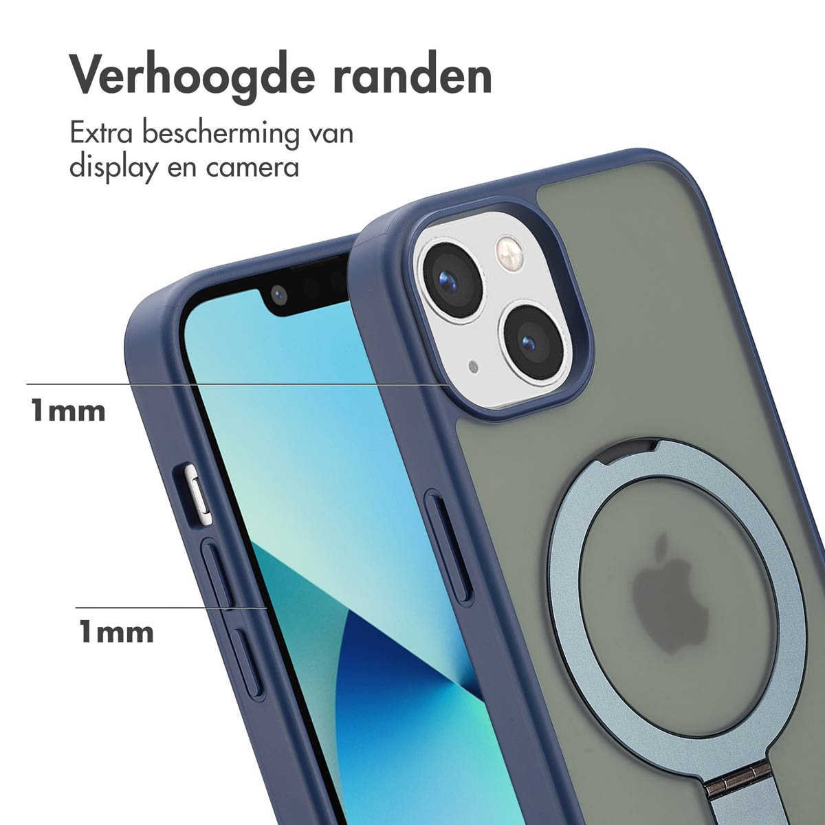 Ein Telefon in einer Hülle mit erhöhten Rändern, die 1 mm Schutz für Display und Kamera zeigen.