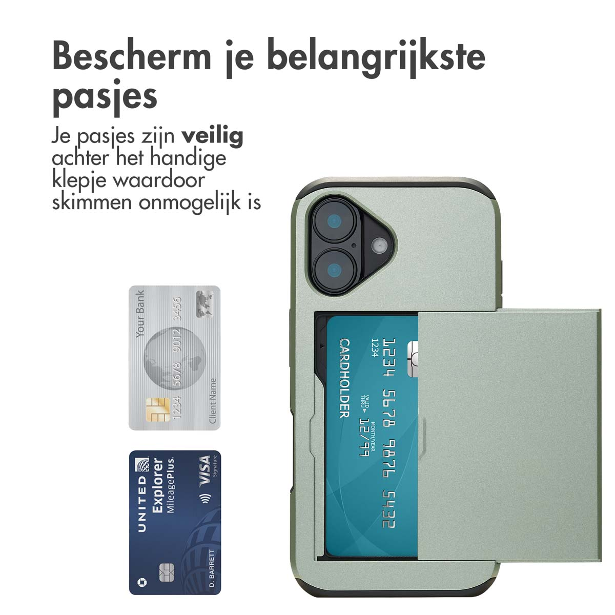 Een groene telefoonhoes met een kaarthouder, met creditcards. De hoes beschermt de belangrijke kaarten van de gebruiker.