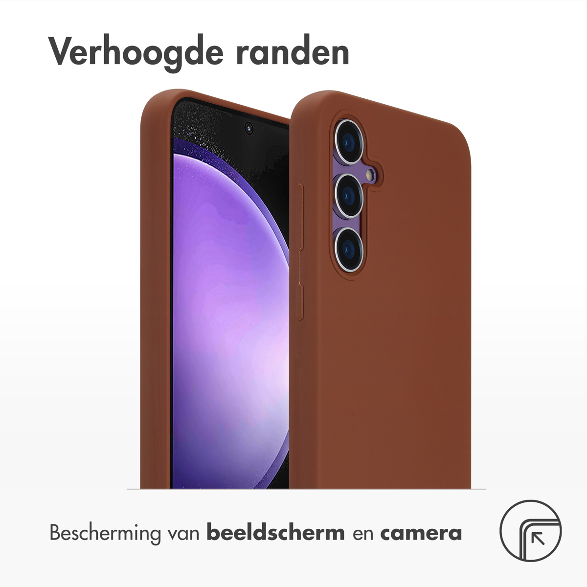 Bruine telefoonhoes met telefoon erin. Tekst: 'verhoogde randen' en 'bescherming scherm en camera'.