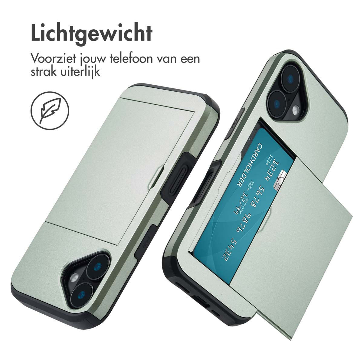 Twee lichtgroene telefoonhoesjes, één met kaarthouder. Creditcard is zichtbaar.
