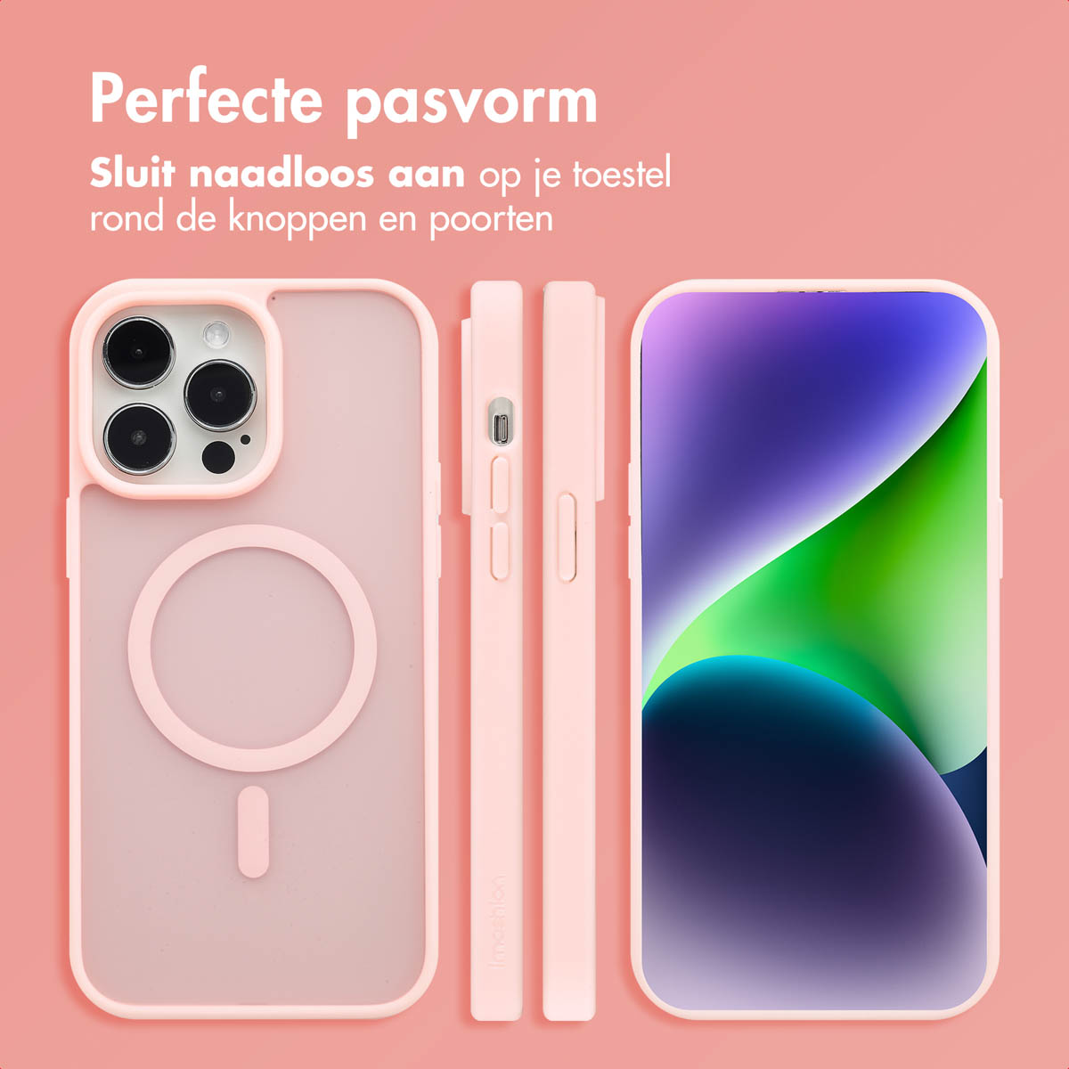 Coque de téléphone rose avec téléphone, deux vues latérales et une vue écran, sur fond rose.