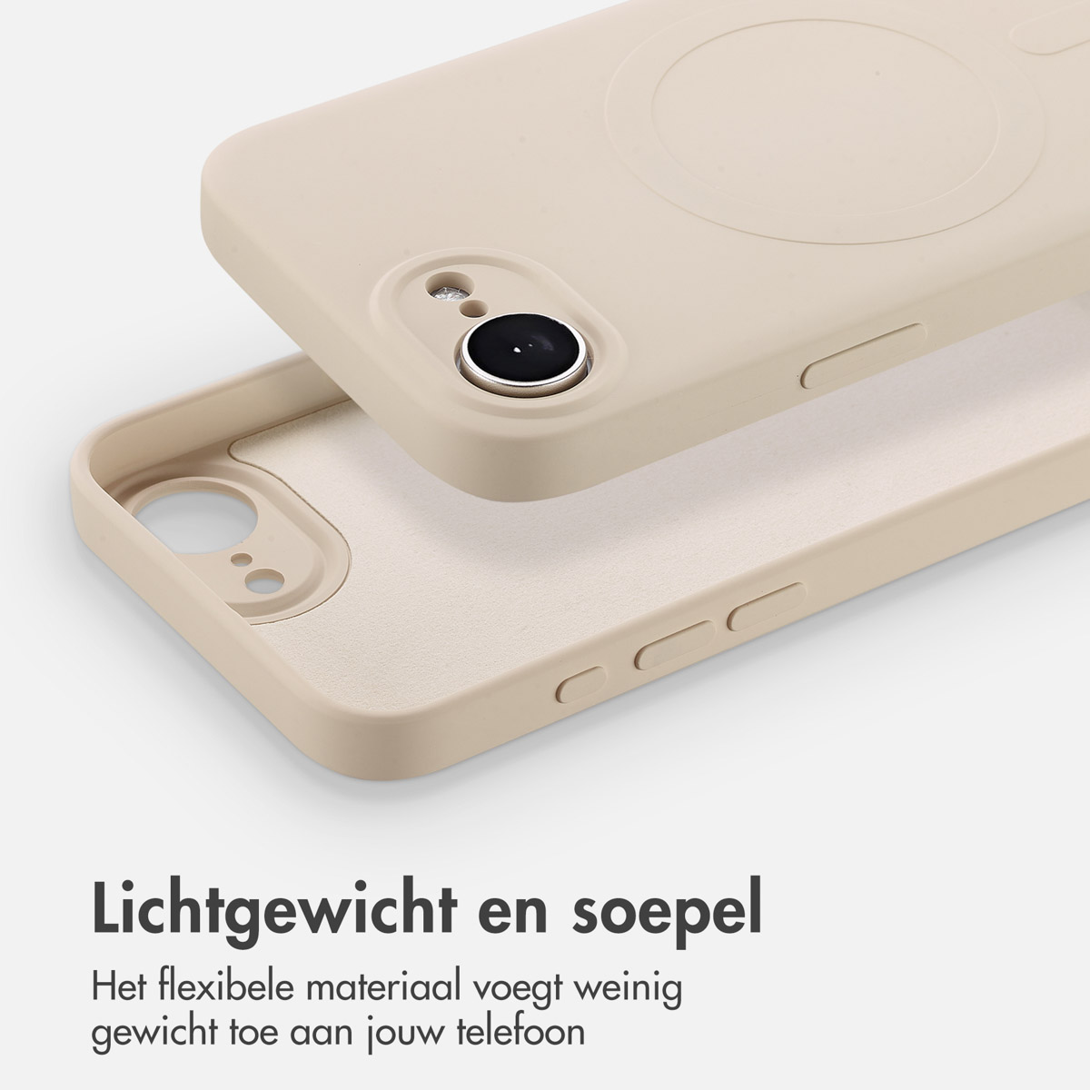 Beige telefoonhoesje met één cameralens en een witte achtergrond.
