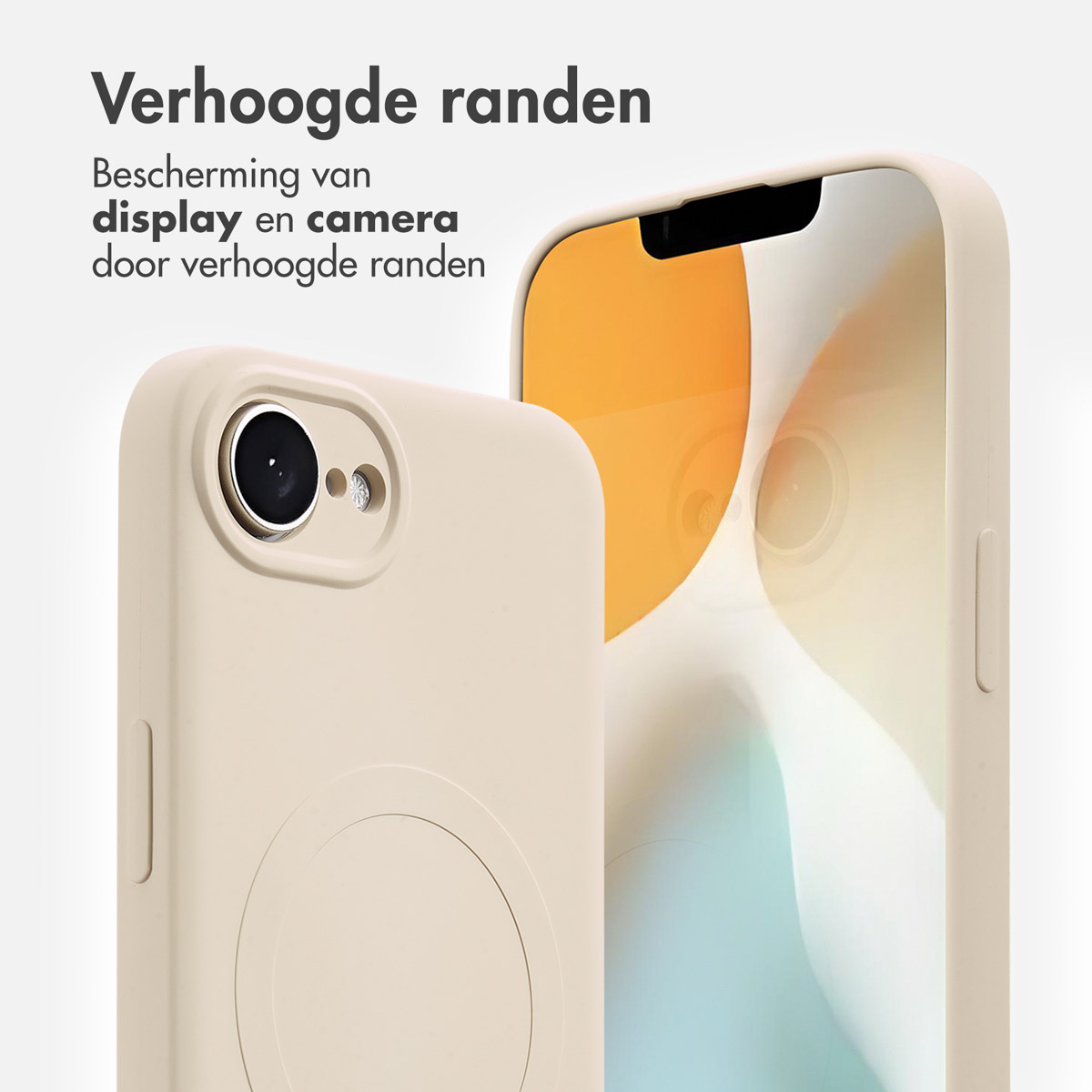 Twee telefoonhoesjes, één met de camera en de andere met het scherm, in beige kleur.