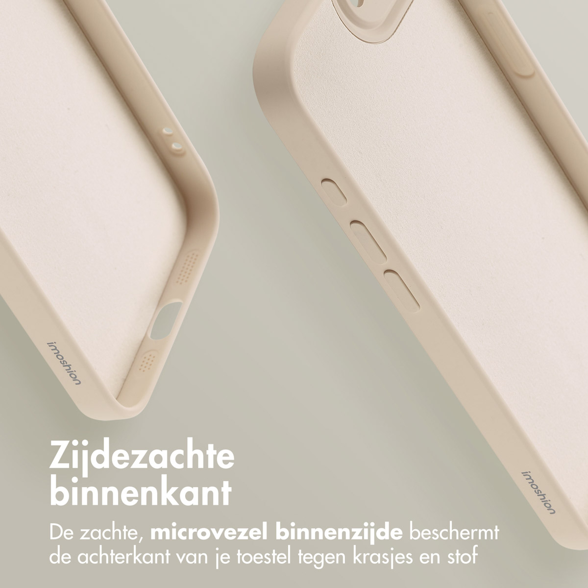 Close-up van een beige telefoonhoesje met de binnenkant, met zachte microvezel binnenkant.