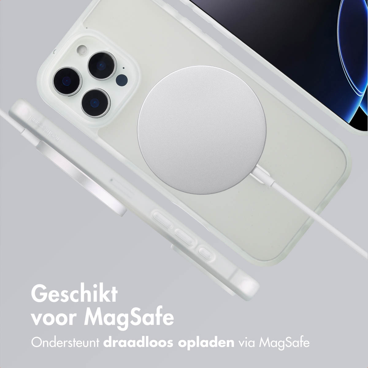 Coque transparente avec chargeur MagSafe blanc. Texte : Adapté à MagSafe, prend en charge la charge sans fil.