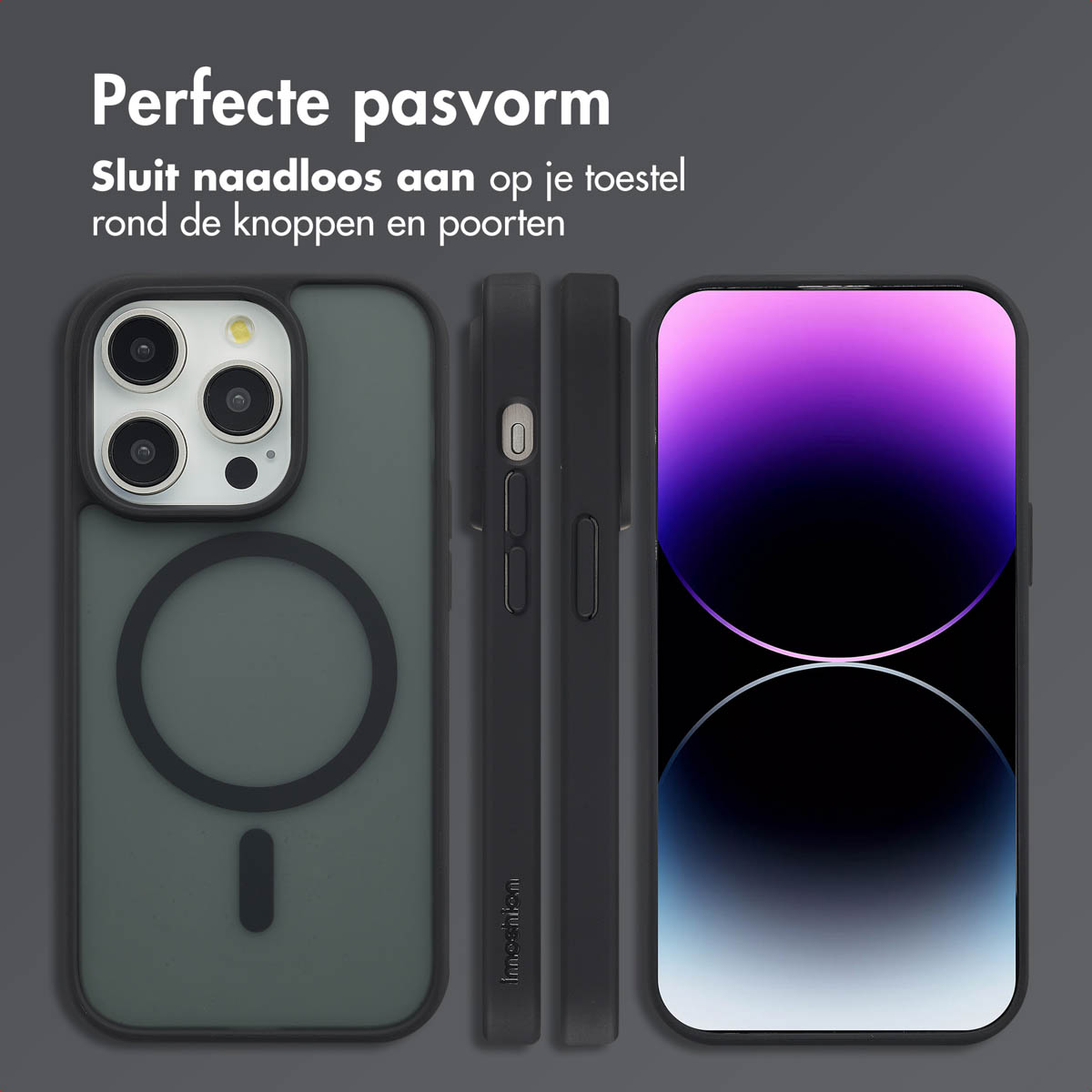 Un étui de téléphone avec un téléphone à l'intérieur. Trois vues de l'étui, avec un cercle magnétique noir.