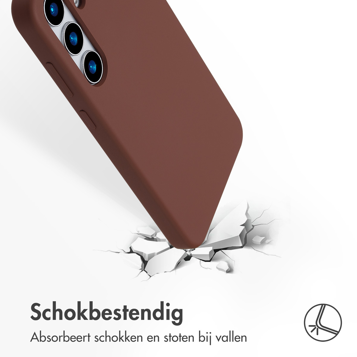 Coque de téléphone marron tombant, surface fissurée. Texte : Antichoc, absorbe les chocs des chutes.