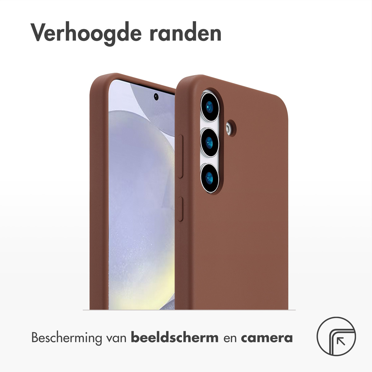 Coque de téléphone marron, bords surélevés protègent l'écran et la caméra.