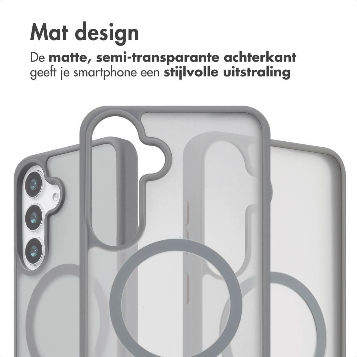 Grijze telefoonhoes, semi-transparant. Achtergrond toont een telefoon. Tekst: Mat design.