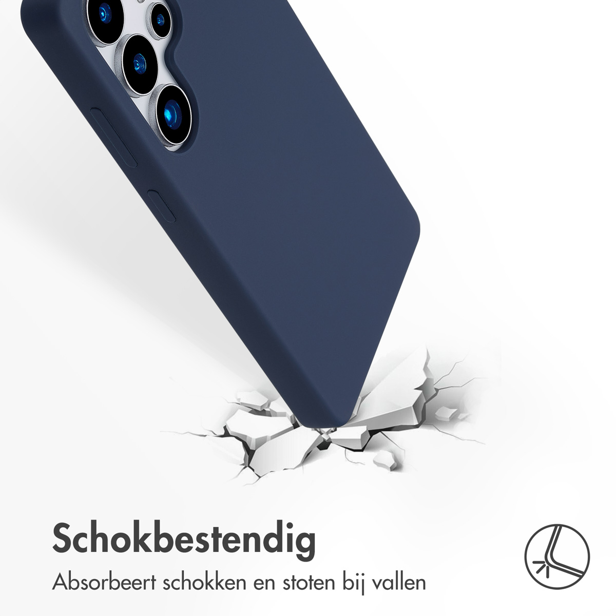 Een telefoonhoesje, donkerblauw, wordt getoond met een telefoon. De telefoon valt en scheurt het oppervlak eronder.