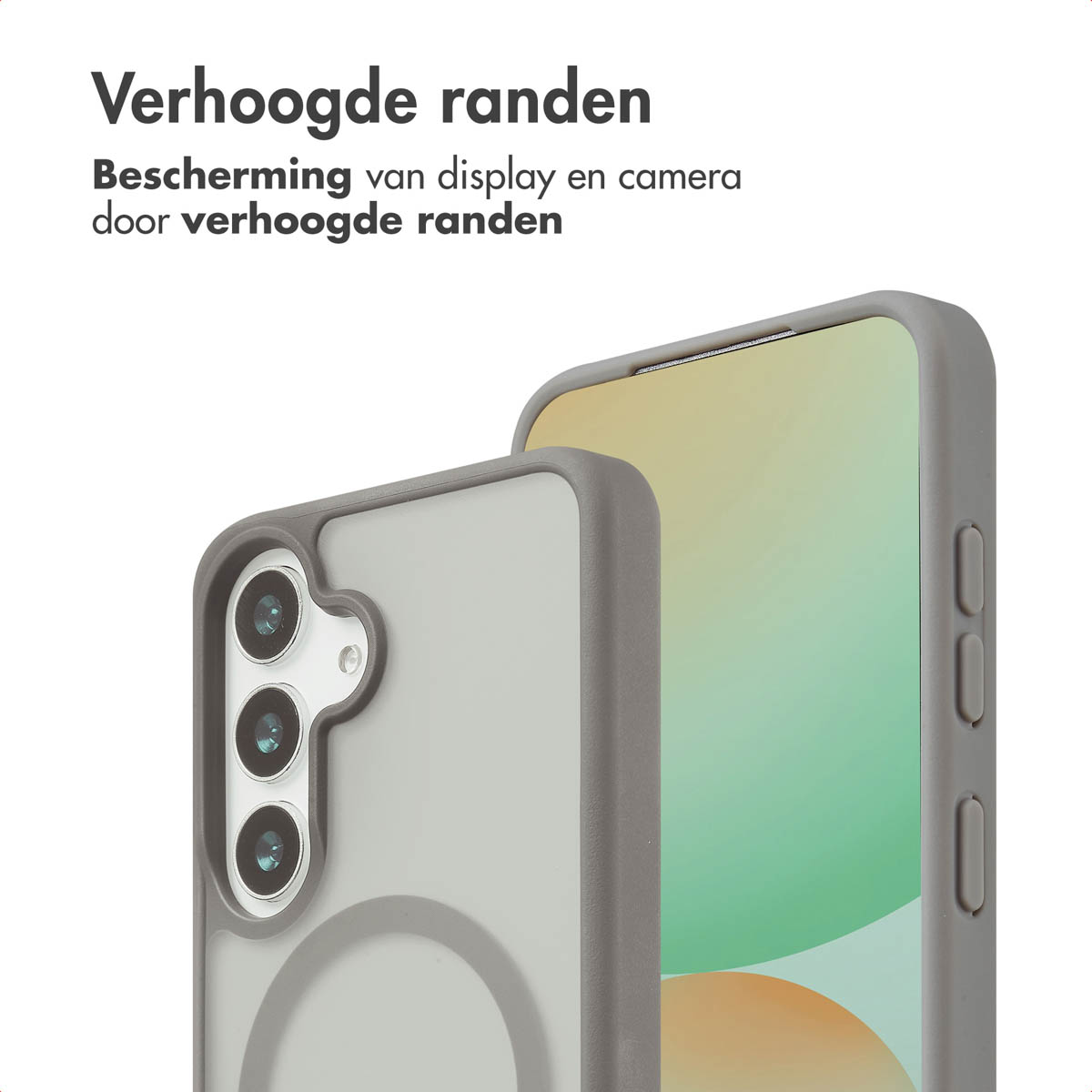 Telefoon in grijze hoes. Tekst: 'Verhoogde randen'.