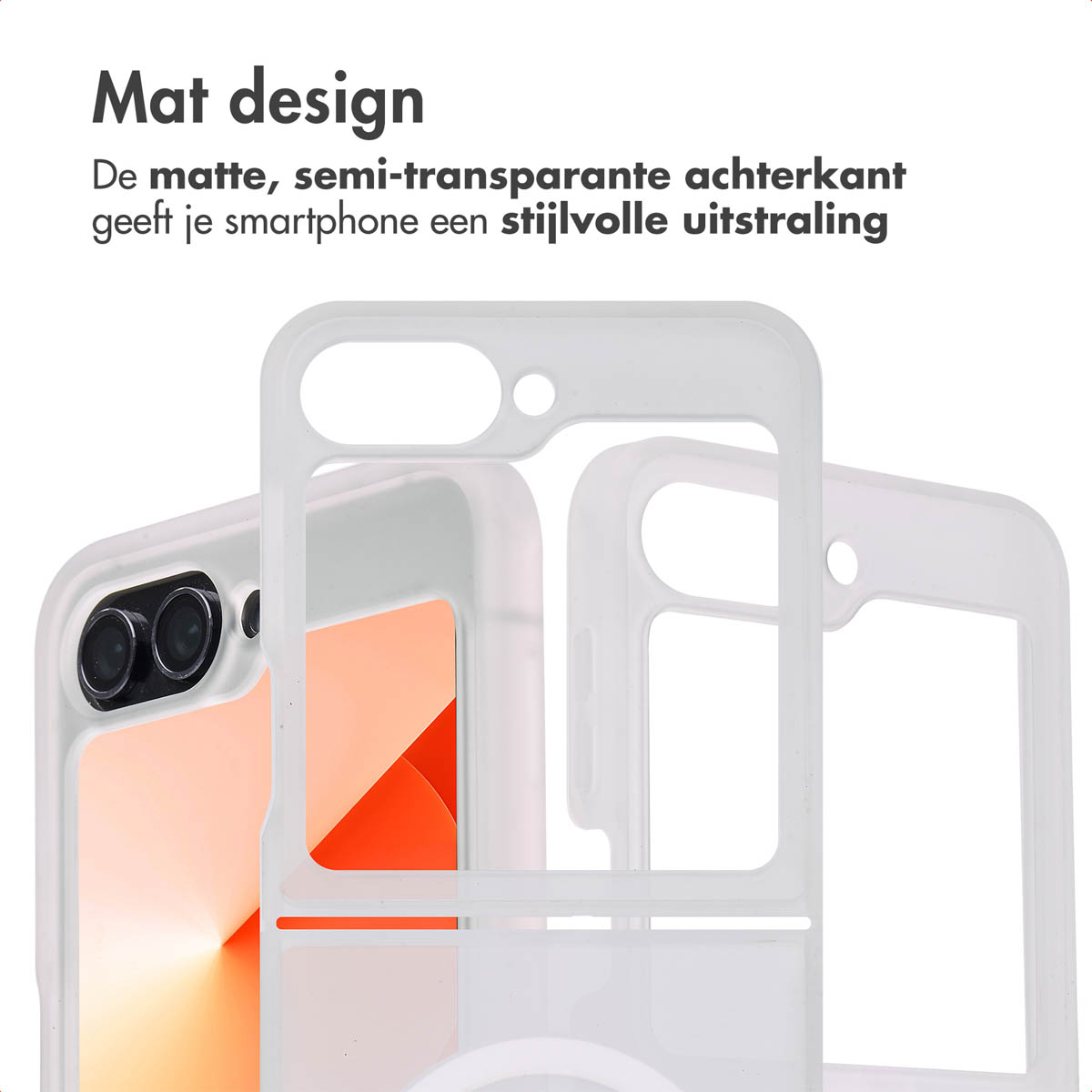 Een witte telefoonhoes met een matte, semi-transparante achterkant en een telefoon worden getoond.