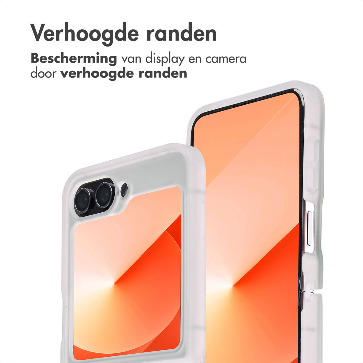 Witte telefoonhoes met een telefoon. Tekst: Verhoogde randen, bescherming van display en camera.