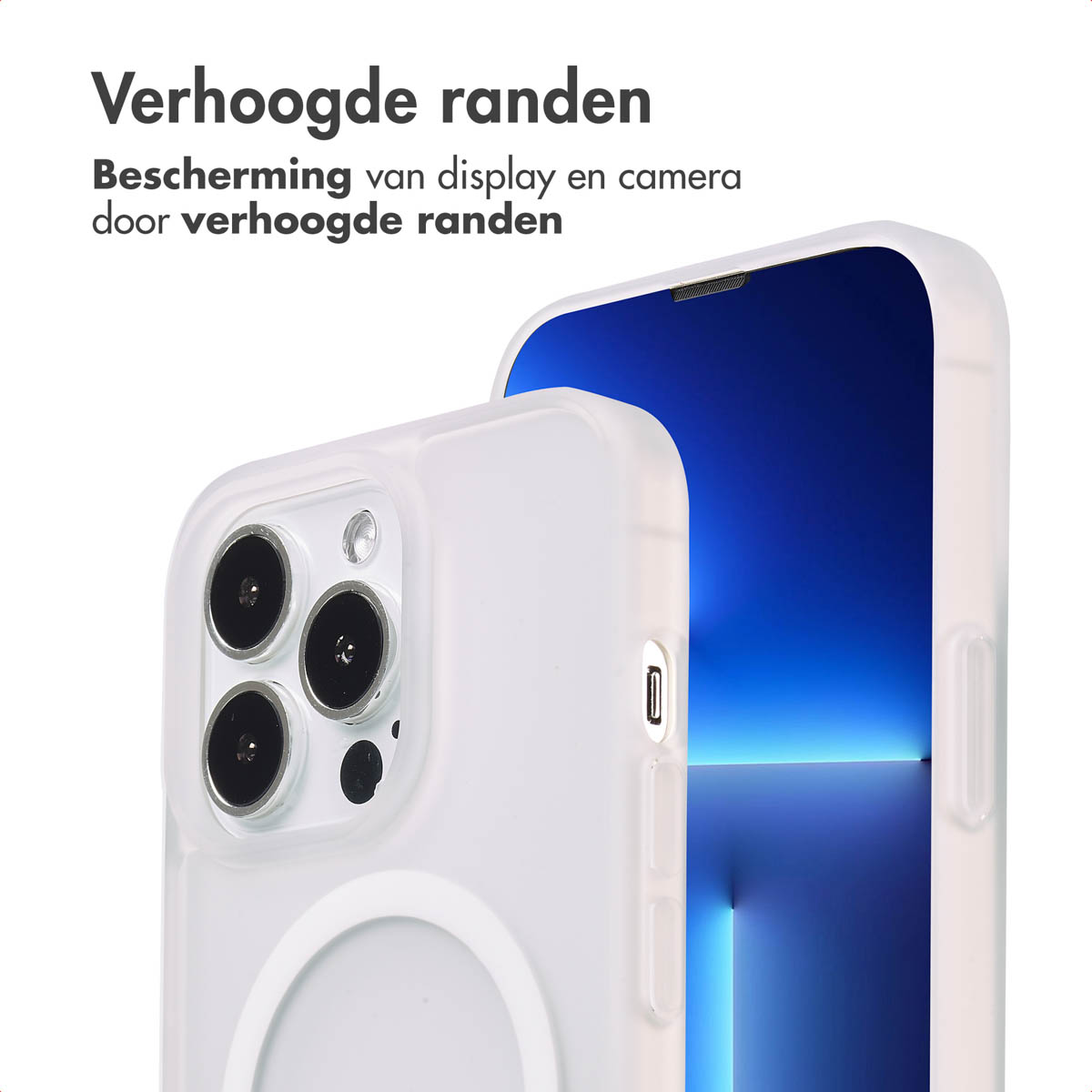 Witte telefoonhoes met verhoogde randen die het scherm en de camera beschermen. De achtergrond is blauw.