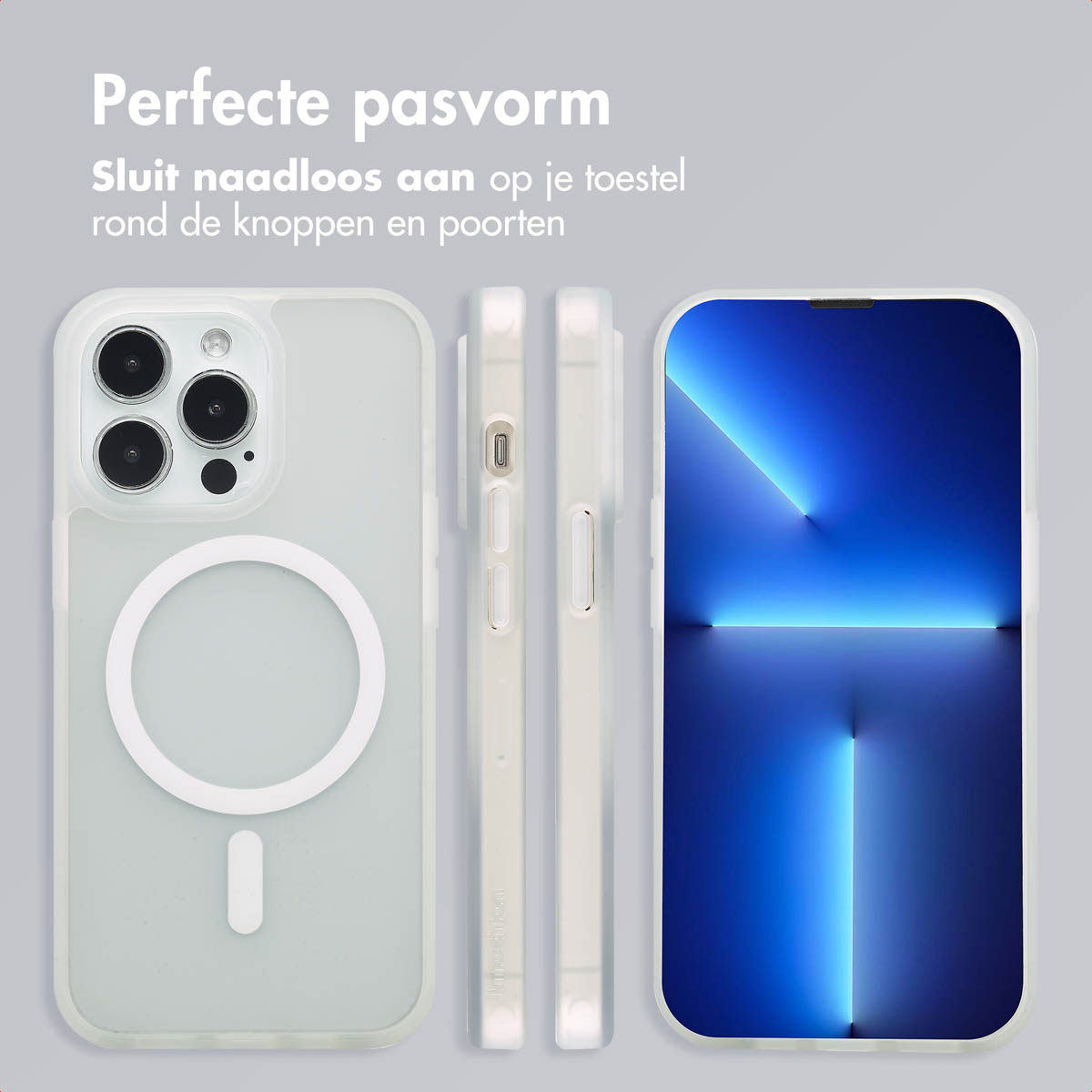 Telefoon in hoesje. Tekst: 'Perfecte pasvorm'.
