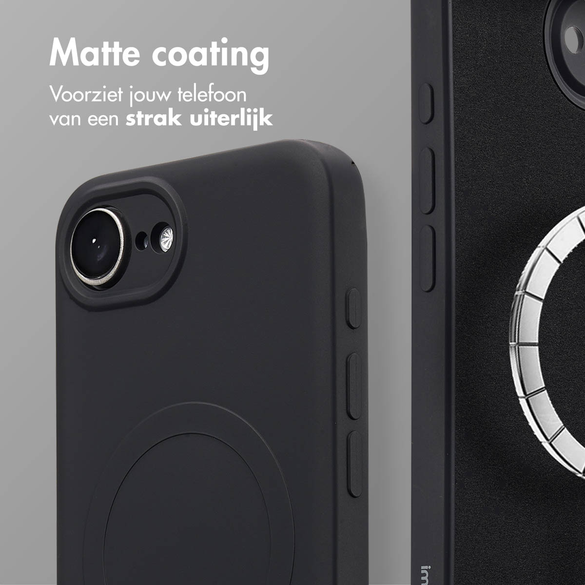 Twee zwarte telefoonhoesjes, één met ring. Tekst: 'Matte coating'. Op een zwarte achtergrond.