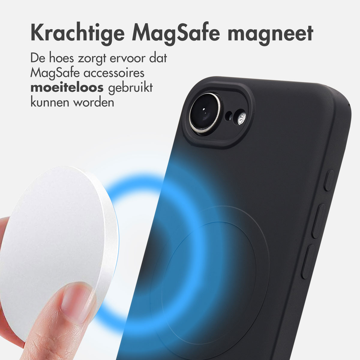 Zwarte telefoonhoes met MagSafe, witte oplader, blauw magnetisch veld.