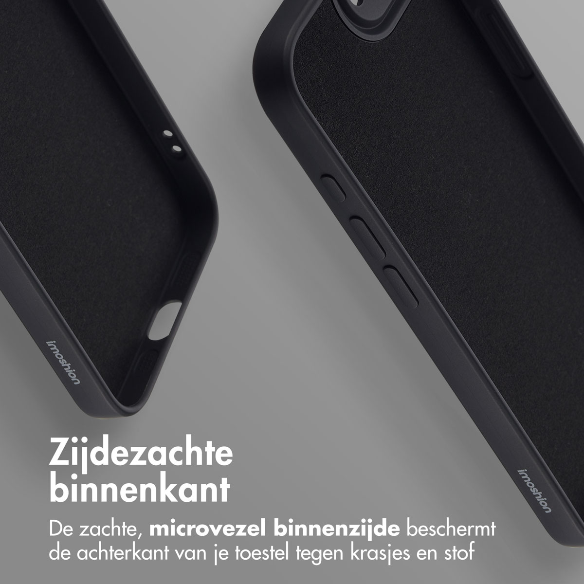 Twee zwarte telefoonhoesjes, één open, met het zachte, microvezel interieur van de hoes.