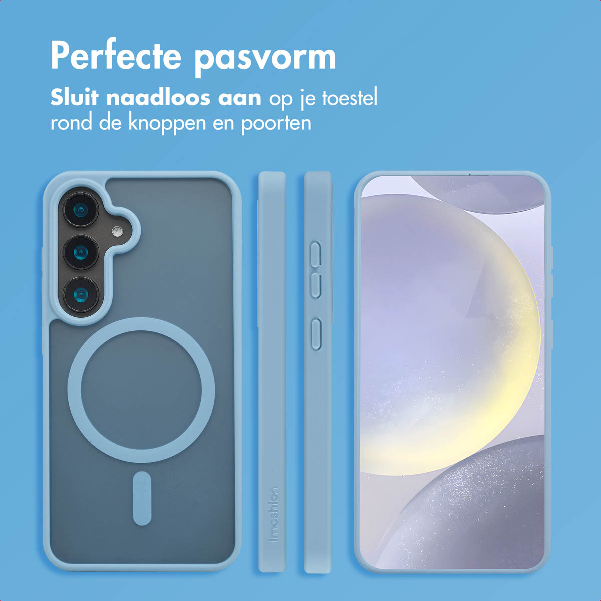 Coque bleue avec téléphone, vues latérales et écran, sur fond bleu.