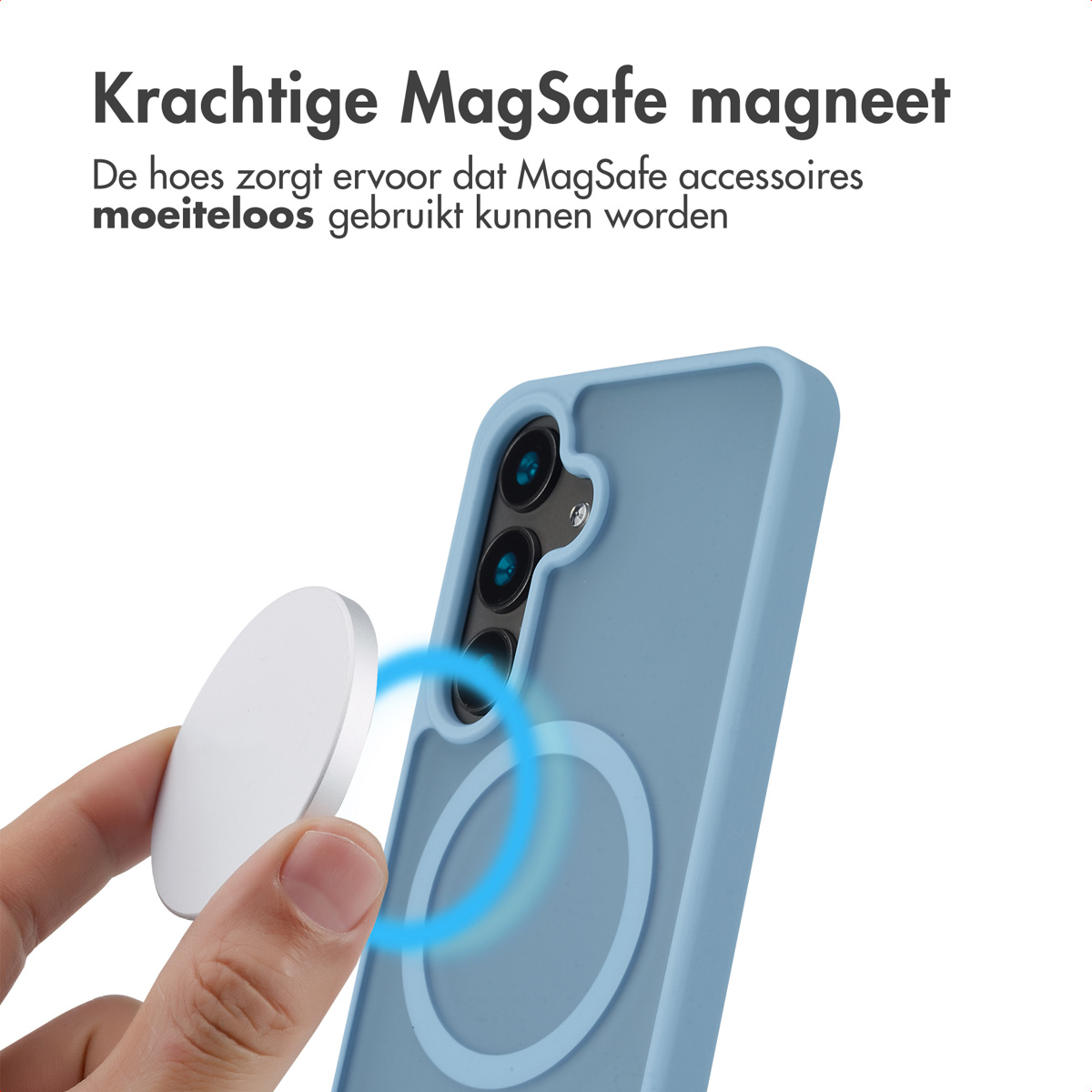 Main tenant un chargeur MagSafe blanc près d'une coque bleue. Texte : Aimant MagSafe puissant.
