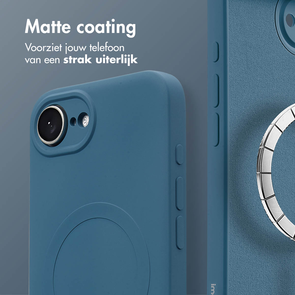 Coque de téléphone bleue avec revêtement mat. Gros plan sur les fonctionnalités du téléphone, y compris l'appareil photo et les boutons.