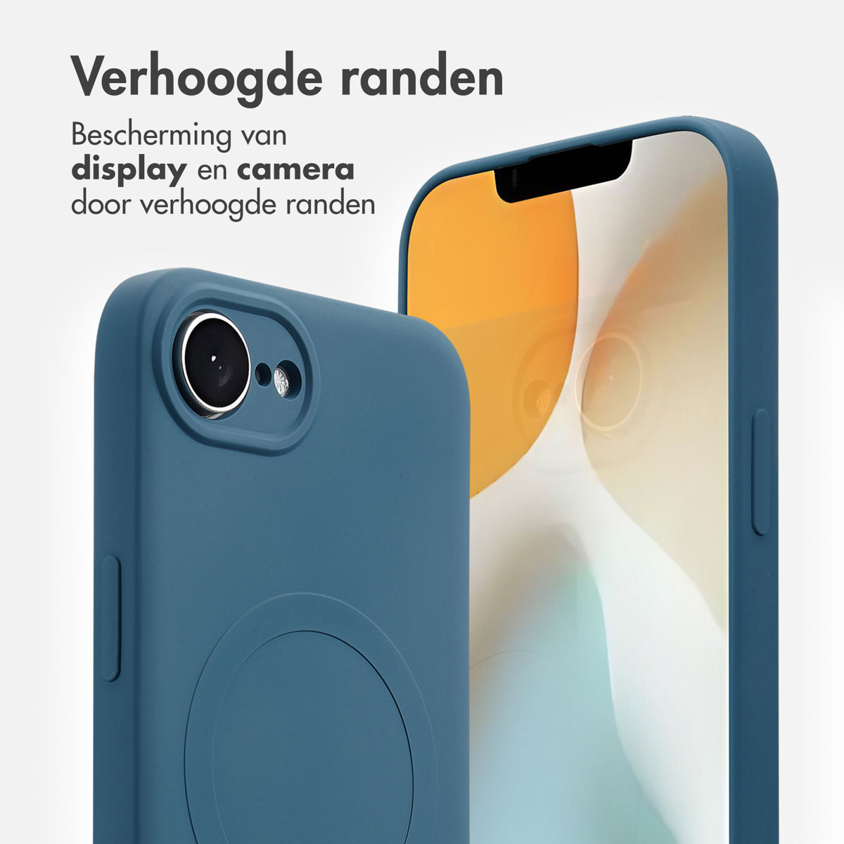 Une coque de téléphone bleue protégeant un téléphone. Le texte indique qu'elle protège l'écran et l'appareil photo.