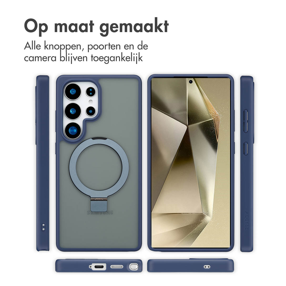 Vues multiples d'une coque de téléphone bleue et du téléphone, avec caméra et ports accessibles, sur fond blanc.